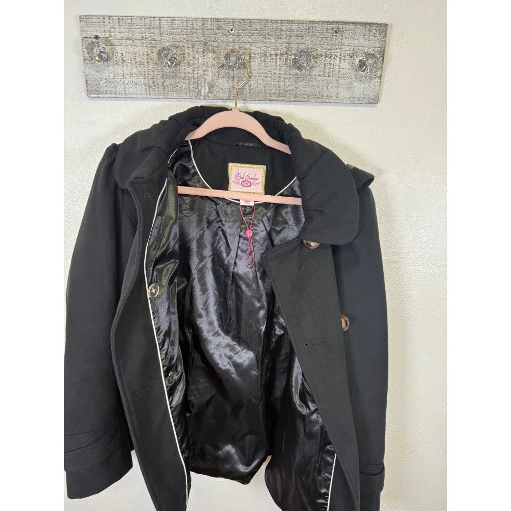 PINK ENVELOPE Womens Long Sleeve Button Front PeaCoat Jacket Black Hooded - Picture 4 of 13